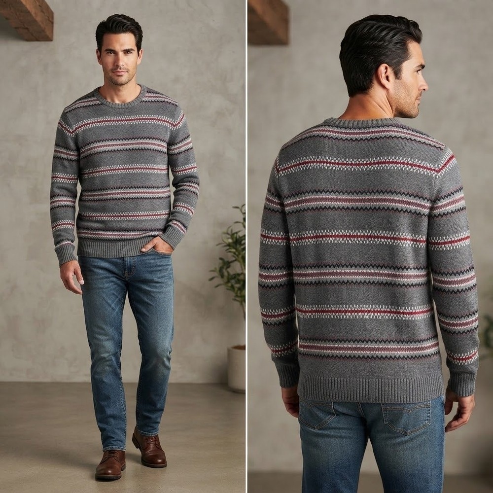 Chaps Mens XL Gray Fair Isle Striped 100% Cotton Crewneck Knit Sweater Pullover